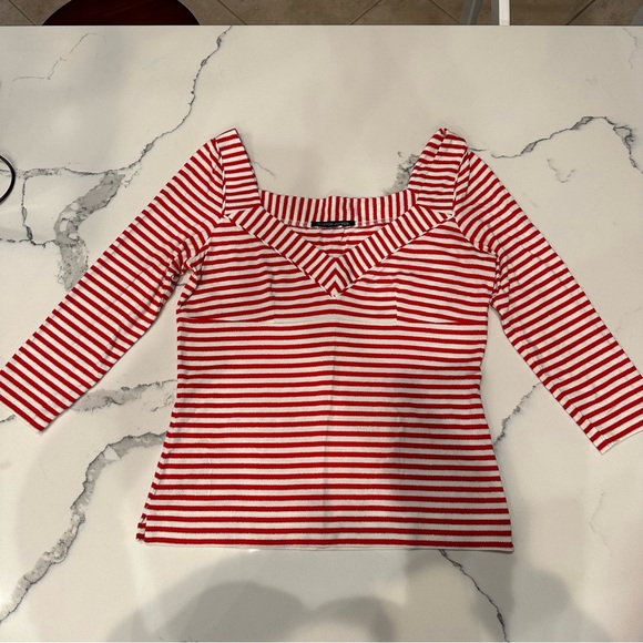 Boston Proper Red/White/metallic silver stripe 3/4 sleeve top sm-med EUC - Picture 1 of 5